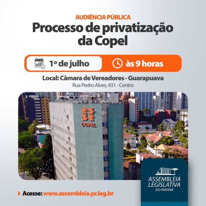 Guarapuava recebe audiência pública para debater privatização da Copel neste sábado (1º)