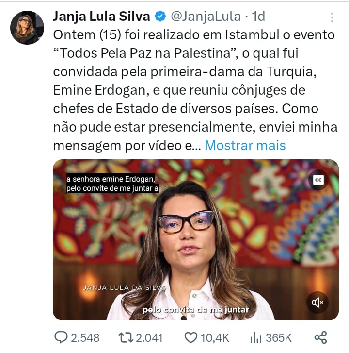 Em evento com esposa de Maduro, Janja pede trégua em Gaza