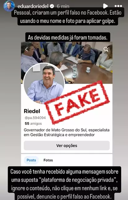 Perfil falso de Eduardo Riedel no Facebook espalha links suspeitos
