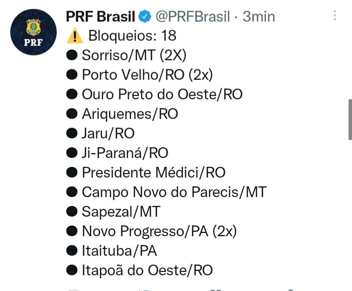 PRF registra 18 bloqueios em rodovias neste sábado